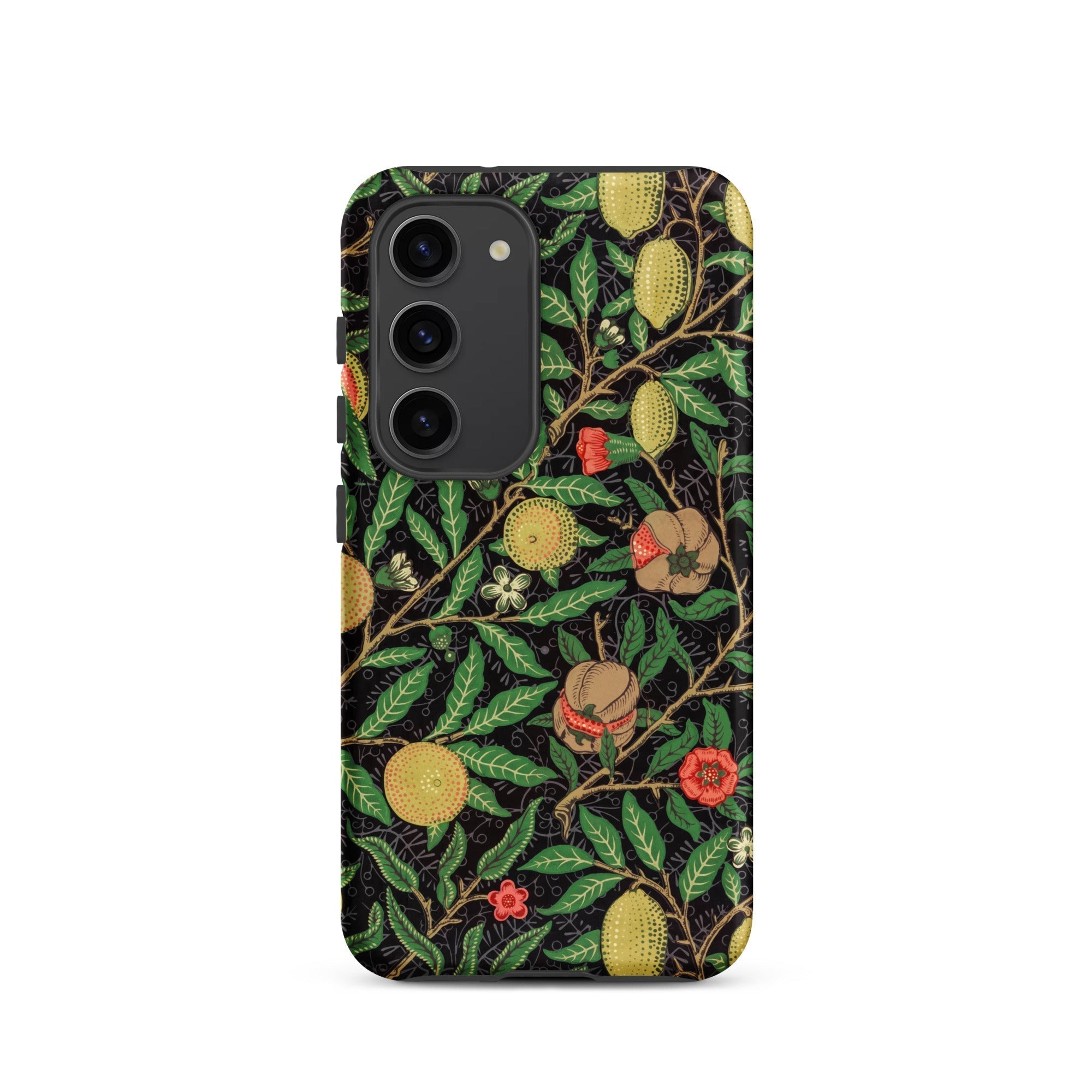 Four Fruits too William Morris Aesthetic Samsung Case, Galaxy S23 / Matte, Phone Case Intricate Pattern Fruits Leaves Dark Background