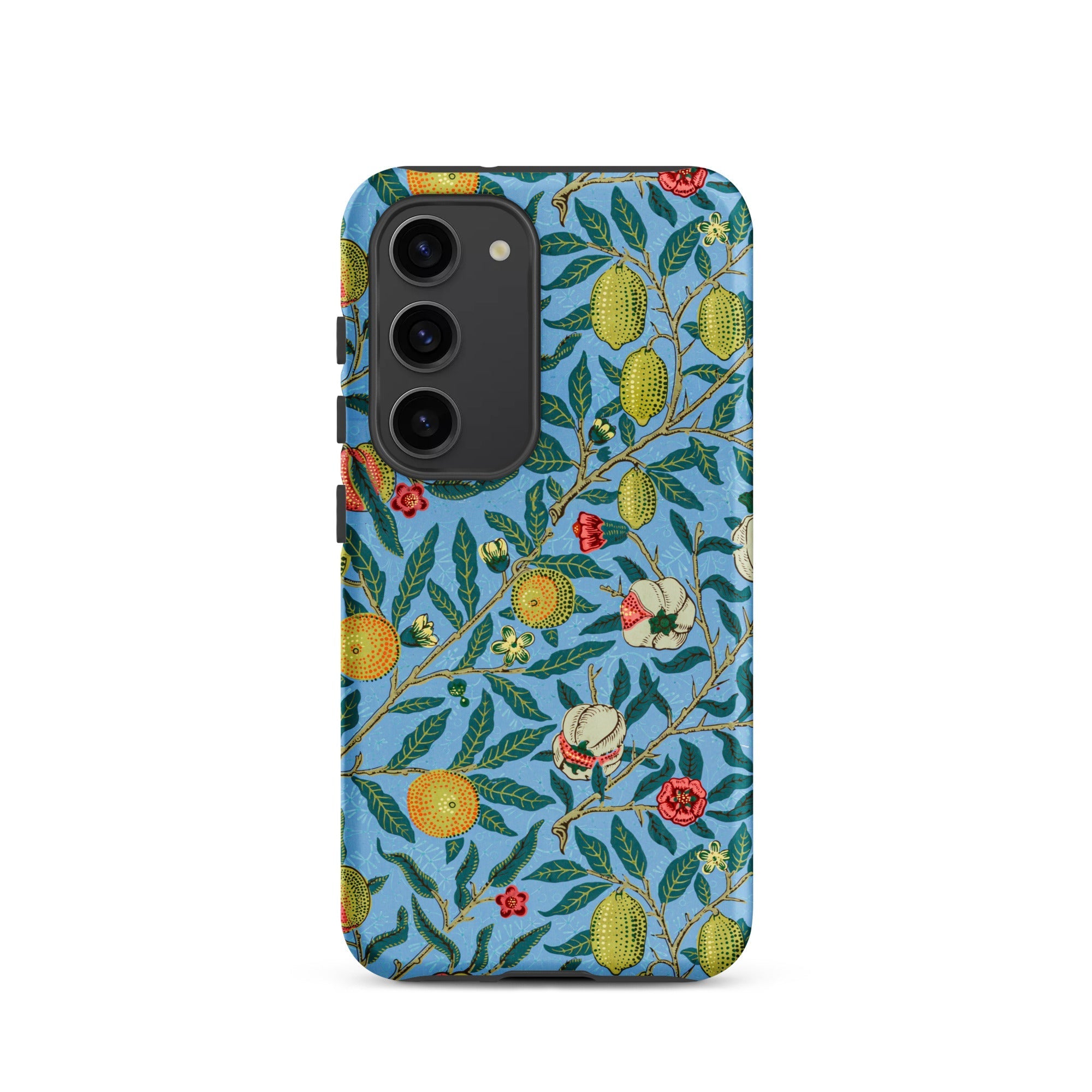 Four Fruits William Morris Aesthetic Samsung Case, Galaxy S23 / Matte, Smartphone Case Blue Background Pattern Lemons Oranges Flowers