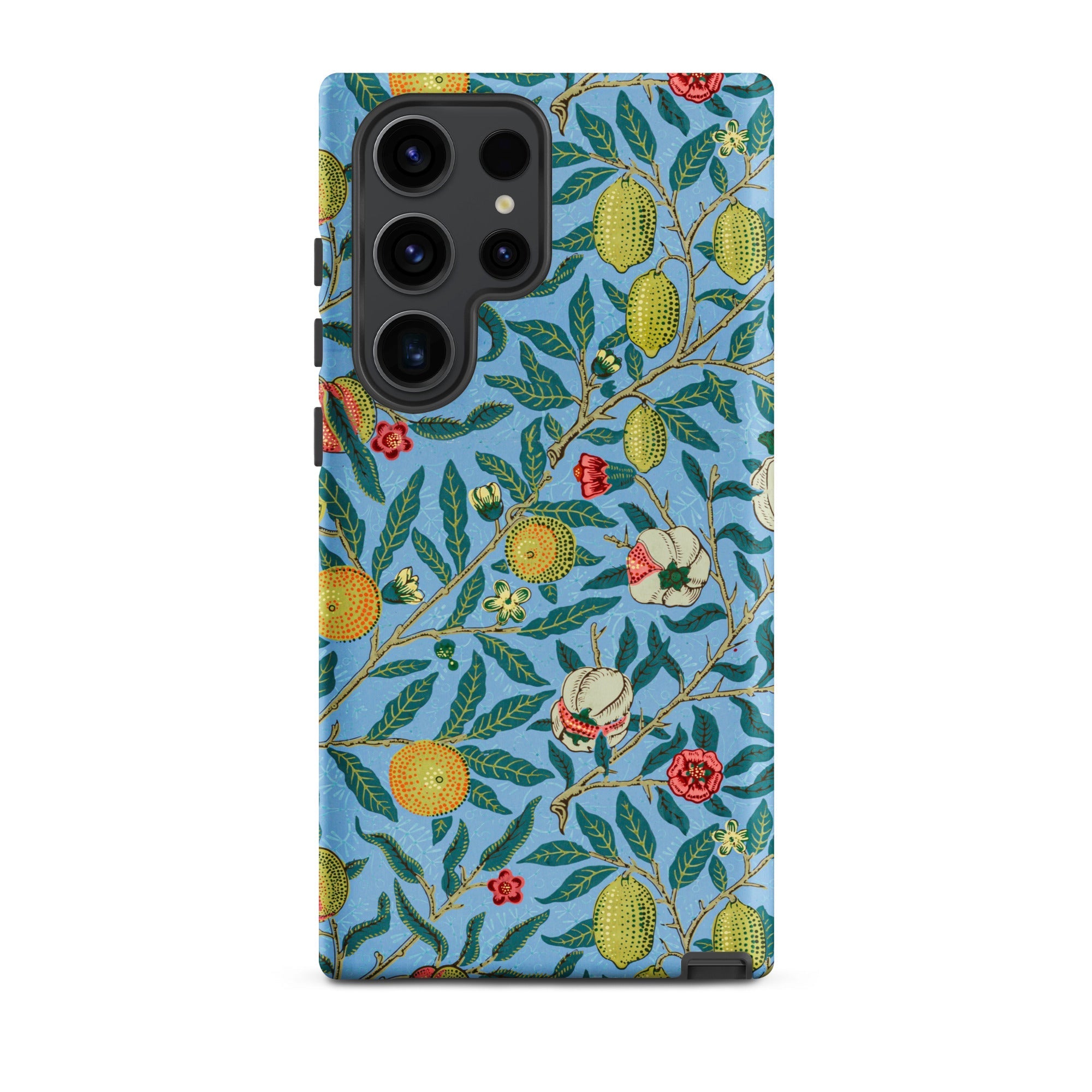 Four Fruits William Morris Aesthetic Samsung Case, Galaxy S23 Ultra / Matte, Light Blue Smartphone Case Pattern Green Leaves Fruits