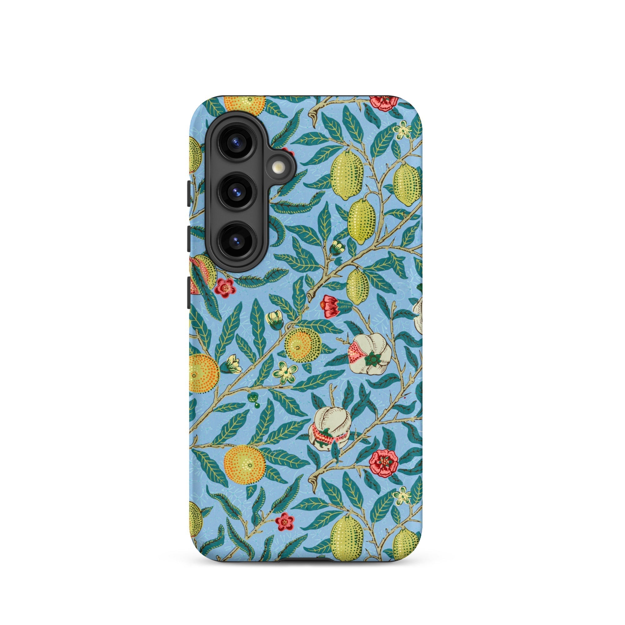 Four Fruits William Morris Aesthetic Samsung Case, Galaxy S24 / Matte, Phone Case Blue Background Pattern Green Leaves Yellow