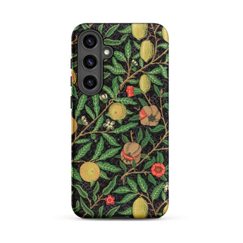 Four Fruits too - William Morris Aesthetic Samsung Case, Galaxy S24 Plus / Matte, Black Smartphone Case Dark Green Leafy Fruit Pattern