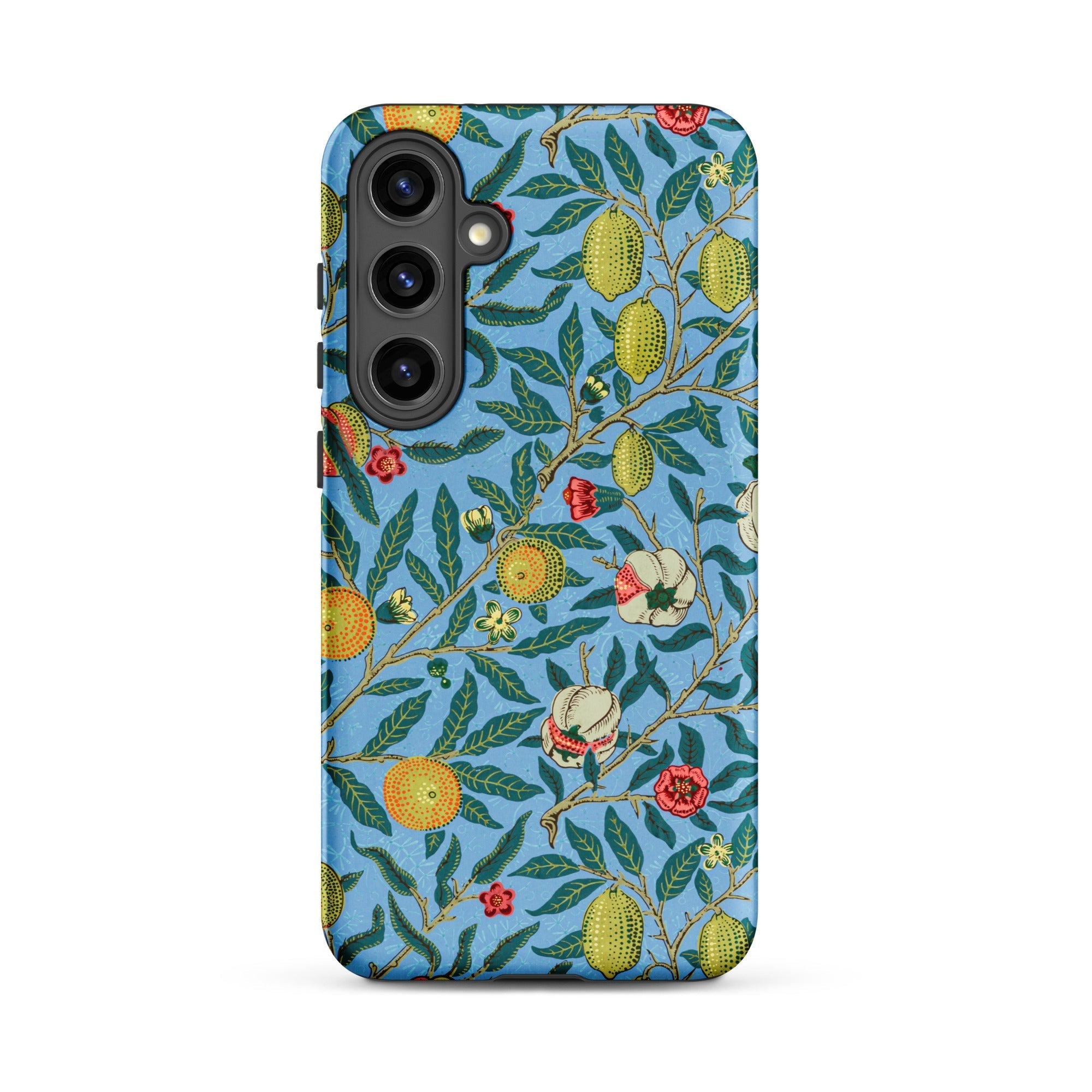 Four Fruits William Morris Aesthetic Samsung Case, Galaxy S24 Plus / Matte, Phone Case Blue Background Pattern Yellow Lemons Orange