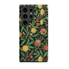 Four Fruits too William Morris Aesthetic Samsung Case, Galaxy S24 Ultra / Matte, Smartphone Black Patterned Case Green Leaves Fruits Flowers