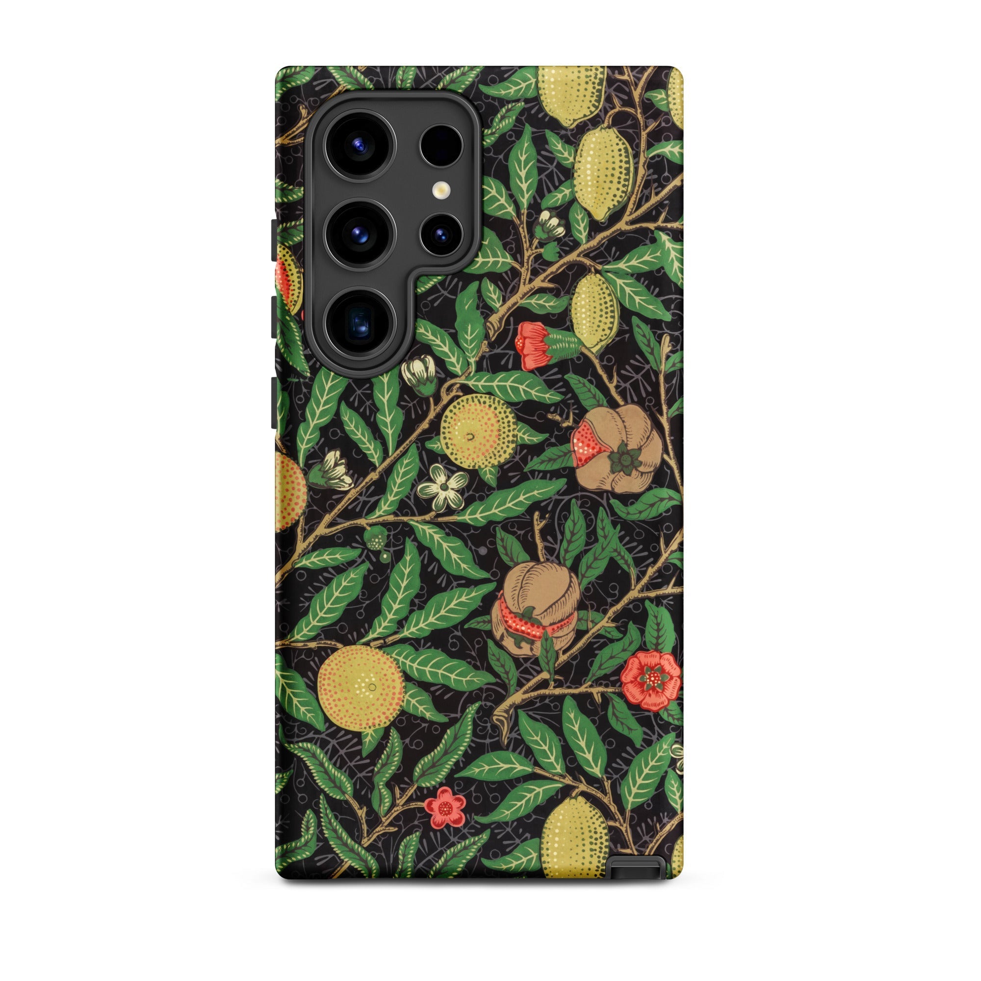 Four Fruits too William Morris Aesthetic Samsung Case, Galaxy S24 Ultra / Matte, Smartphone Black Patterned Case Green Leaves Fruits Flowers