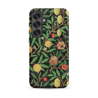 Four Fruits too - William Morris Aesthetic Samsung Case, Galaxy S25 Plus / Matte, Black Smartphone Case Vibrant Pattern Green Leaves Fruits