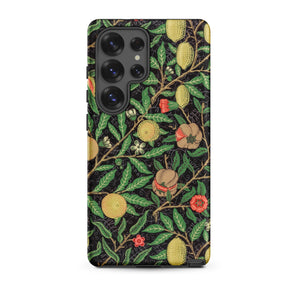 Four Fruits too - William Morris Aesthetic Samsung Case, Galaxy S25 Ultra / Matte, Black Phone Case Vibrant Botanical Pattern Green Leaves