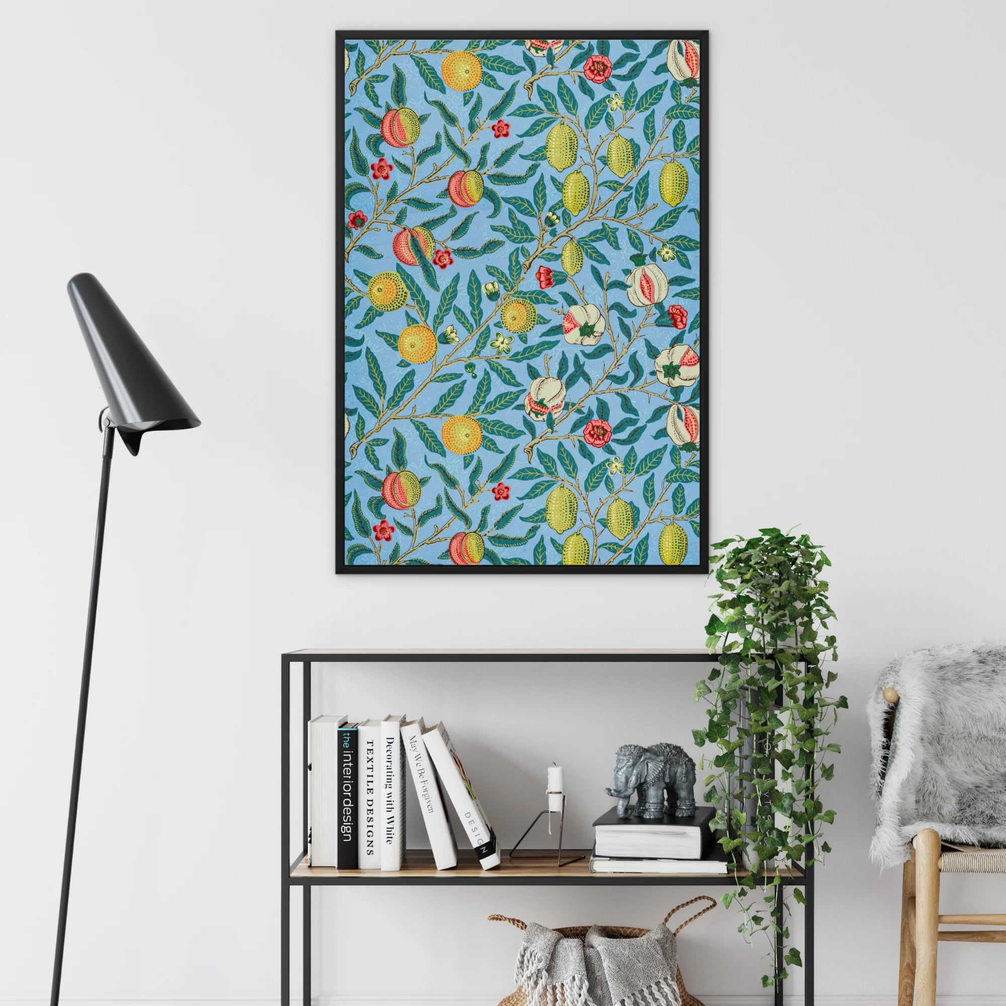 Four Fruits - William Morris Botanical Pattern Framed Canvas, Framed Floral Art Print Yellow Lemons Red Berries