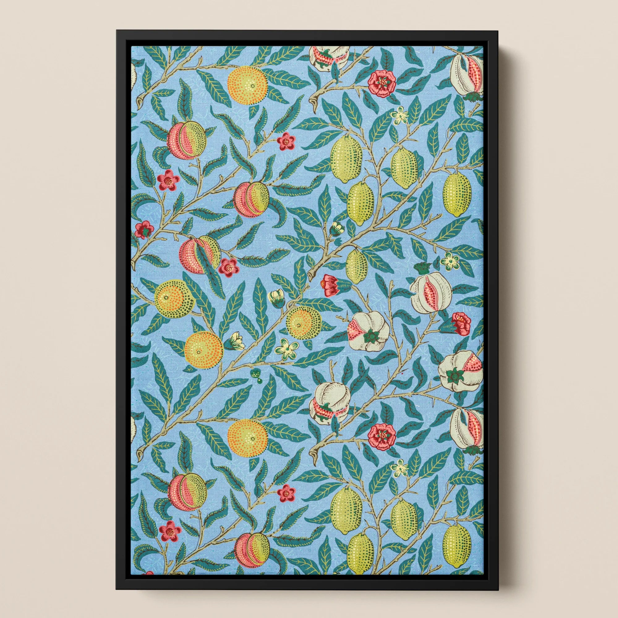 Four Fruits - William Morris Botanical Pattern Framed Canvas, Framed Floral Fruit Pattern Wallpaper Lemons Peaches Small