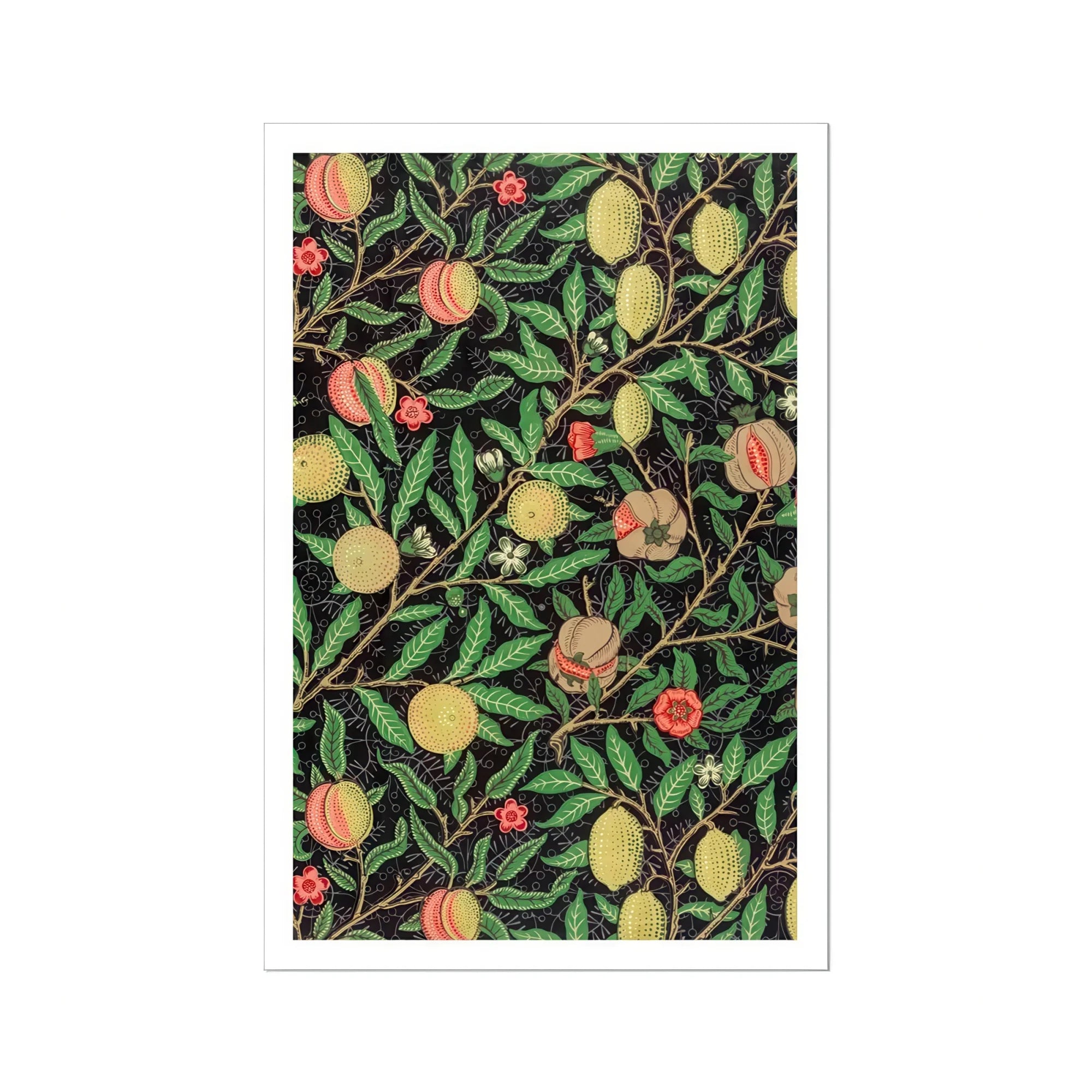 Four Fruits too - William Morris Botanicals Art Print, Decorative Pattern Lemons Peaches Green Leaves Black Background