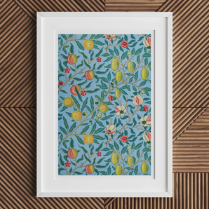 Four Fruits - William Morris Botanicals Art Print, Framed Artwork Colorful Fruit Floral Pattern Blue Background