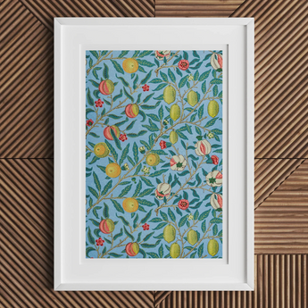 Four Fruits - William Morris Botanicals Art Print, Framed Artwork Colorful Fruit Floral Pattern Blue Background