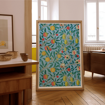 Four Fruits - William Morris Botanicals Art Print, Framed Artwork Colorful Pattern Citrus Fruits Leaves Turquoise