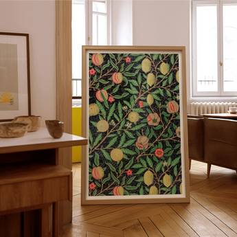 Four Fruits too - William Morris Botanicals Art Print, Framed Botanical Print Citrus Fruits Leaves Dark Background