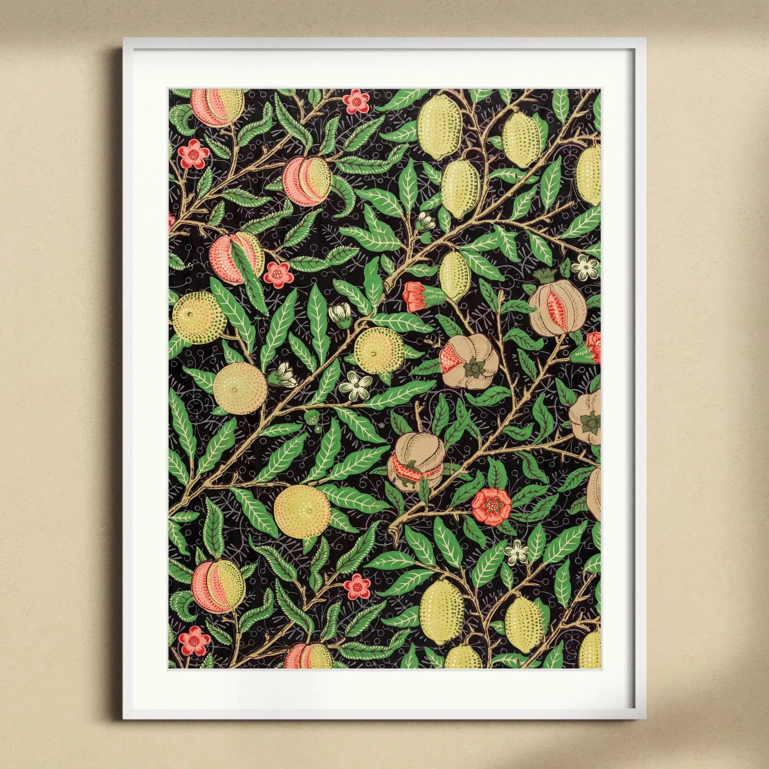 Four Fruits too William Morris Botanicals Art Print, Framed Botanical Print Pattern Peaches Lemons Green Leaves