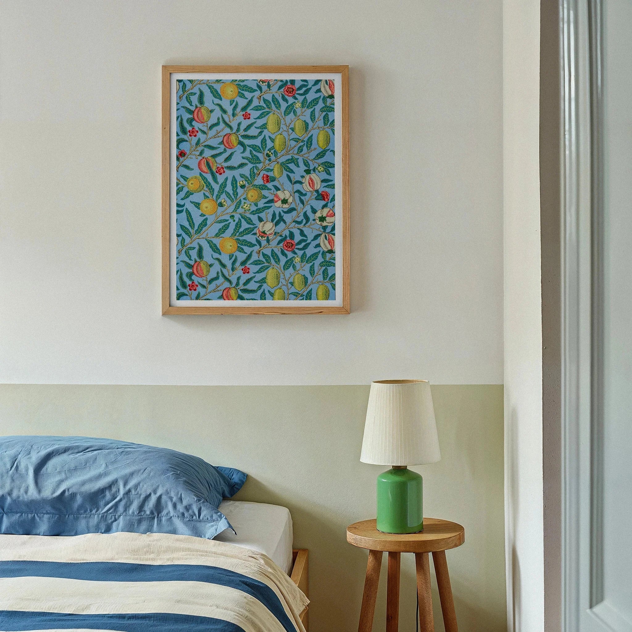 Four Fruits - William Morris Botanicals Art Print, Framed Floral Artwork Blue Background Colorful Leaf Patterns