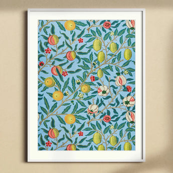 Four Fruits - William Morris Botanicals Art Print, Framed Floral Wallpaper Pattern Lemons Flowers Leaves Blue