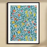 Four Fruits - William Morris Botanicals Art Print, Framed Floral Wallpaper Pattern Lemons Flowers Leaves Blue