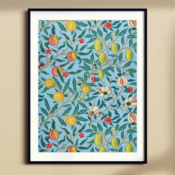 Four Fruits - William Morris Botanicals Art Print, Framed Floral Wallpaper Pattern Lemons Flowers Leaves Blue