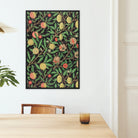 Four Fruits too - William Morris Pattern Art Framed Canvas, Framed Botanical Art Print Citrus Fruits Flowers Dark