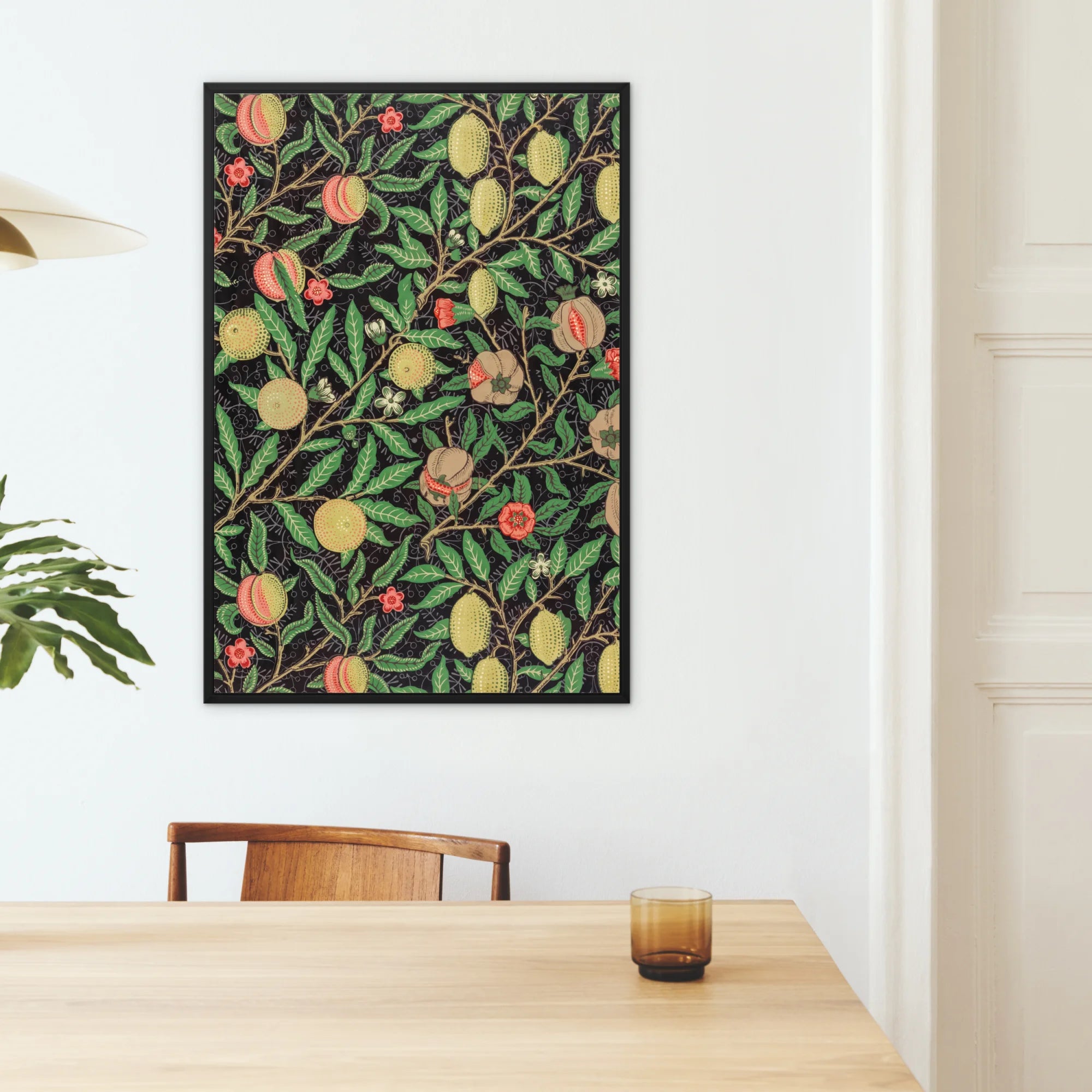 Four Fruits too - William Morris Pattern Art Framed Canvas, Framed Botanical Art Print Citrus Fruits Flowers Dark