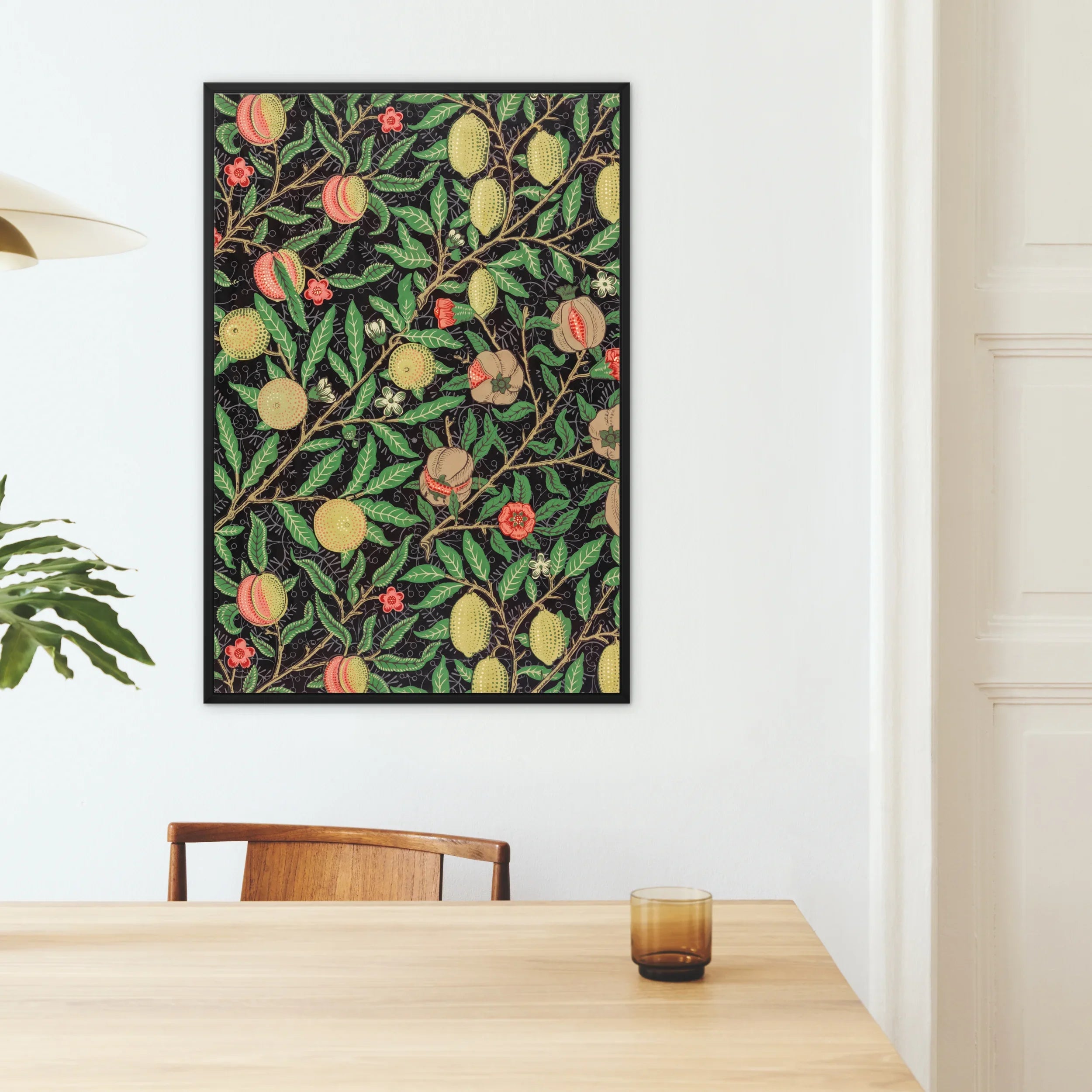 Four Fruits too - William Morris Pattern Art Framed Canvas, Framed Botanical Art Print Citrus Fruits Flowers Dark