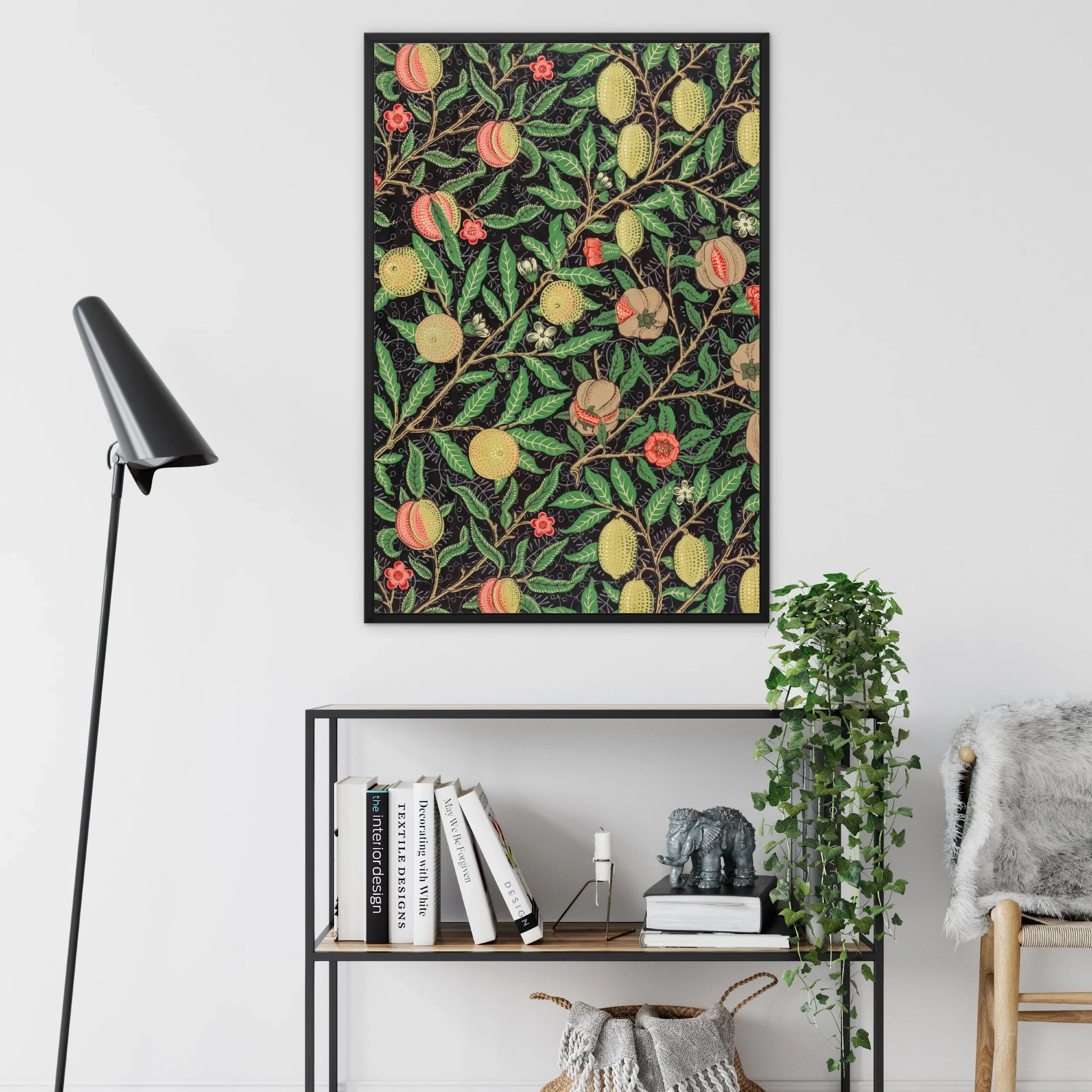 Four Fruits too - William Morris Pattern Art Framed Canvas, Framed Botanical Art Print Lemons Pink Flowers Green