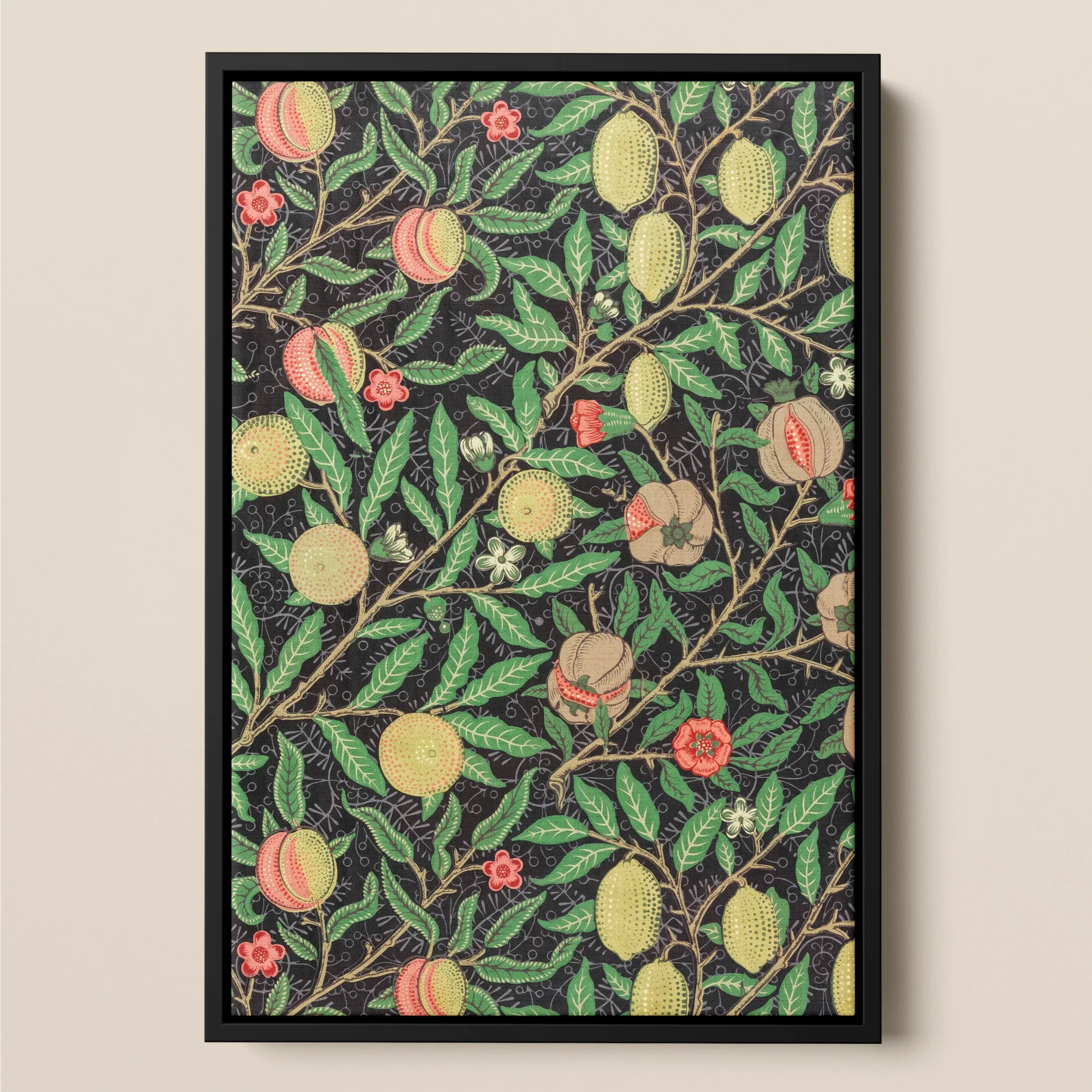 Four Fruits too - William Morris Pattern Art Framed Canvas, Framed Botanical Print Lemon Peach Branches Fruits Flowers