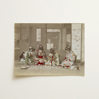 Vintage Sepia-toned Photograph Four Women Traditional Japanese Kimonos Seated Maiko, Costumes, Lean, Tatami Floor Scattered, Pastel-colored
