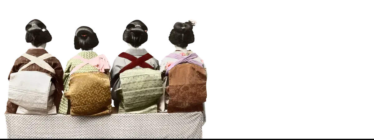 Four women in colorful kimonos showcasing textile art iphone cases for art iphone enthusiasts