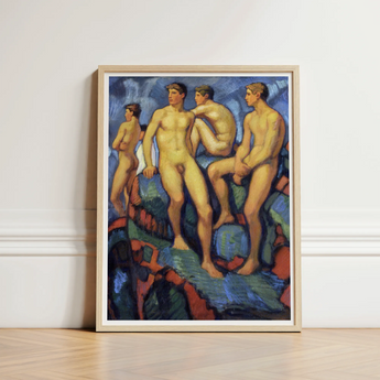 Four Young Men - Ludwig Von Hofmann Art Print / Canvas Framed Painting Nude Male Figures Stylized Colorful, Hofmann’s, Oil, Darmstadt