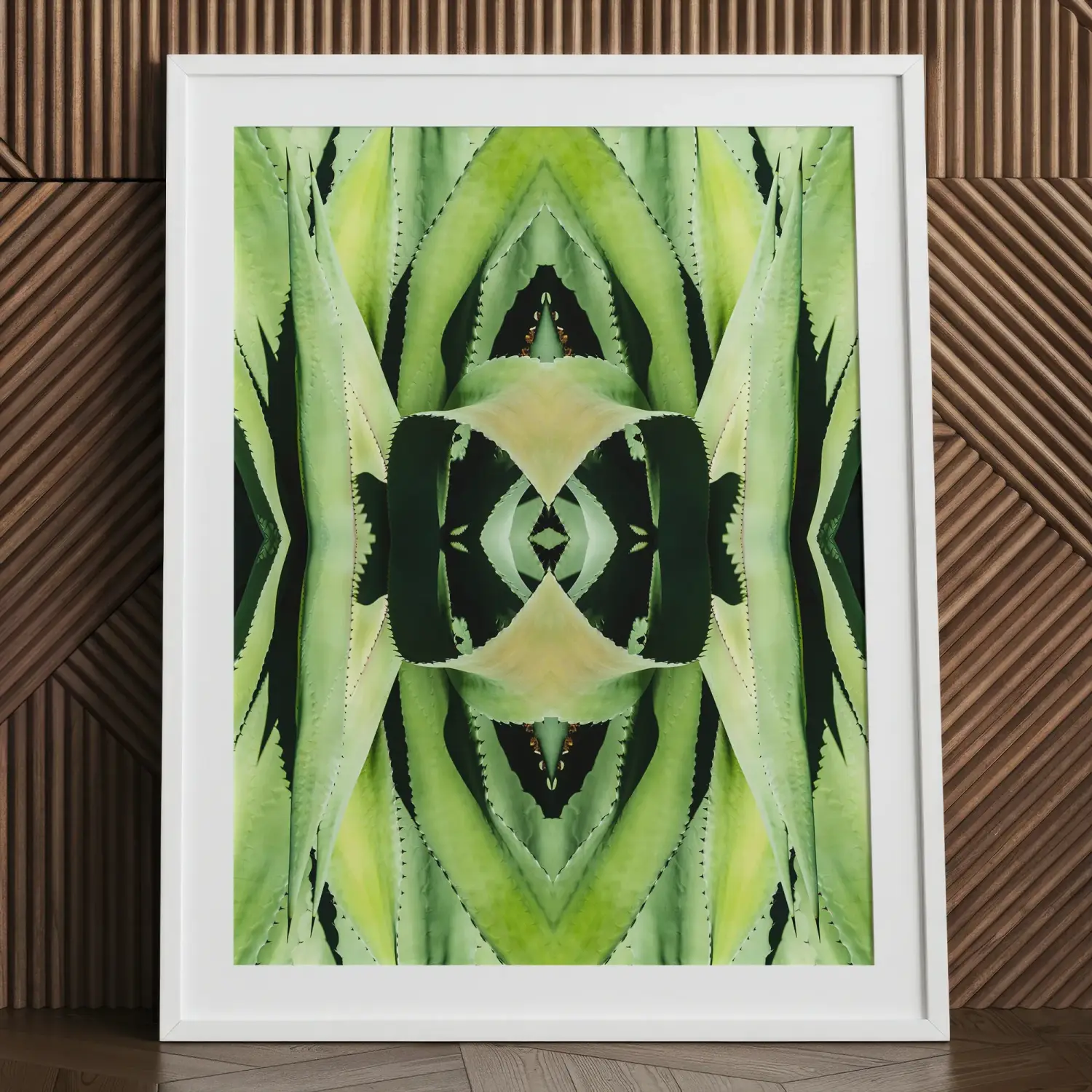 Framed abstract botanical op art of trippy green agave leaves