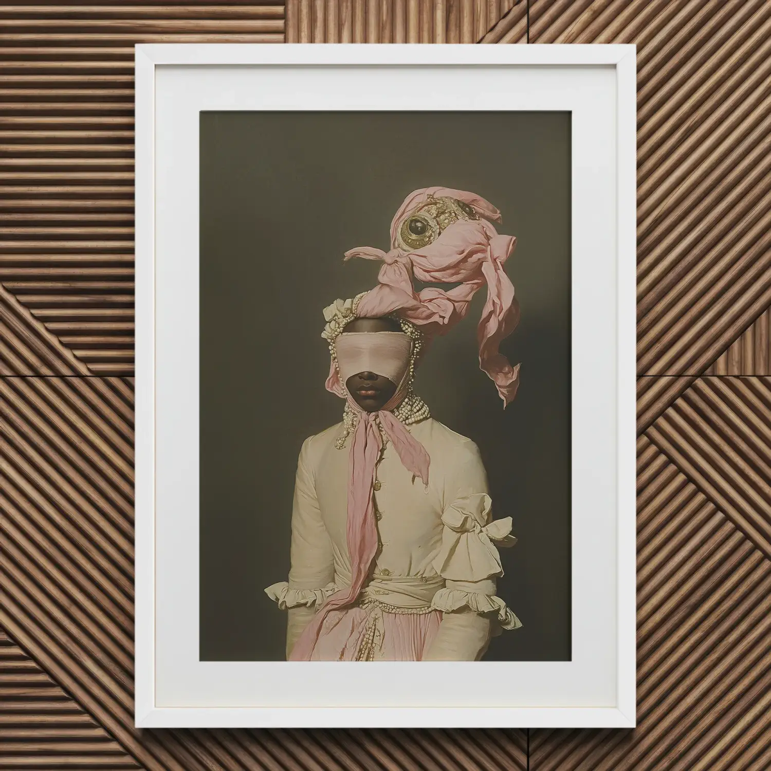 Vintage fashion art print of 1930s figure in pink rococo attire