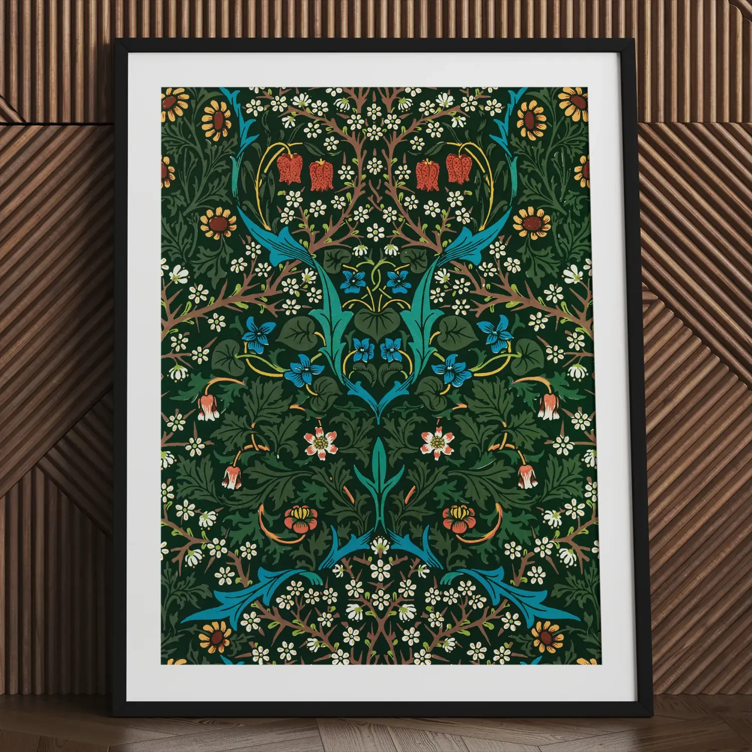William Morris floral pattern textile art print in teal, blue, yellow, red on green
