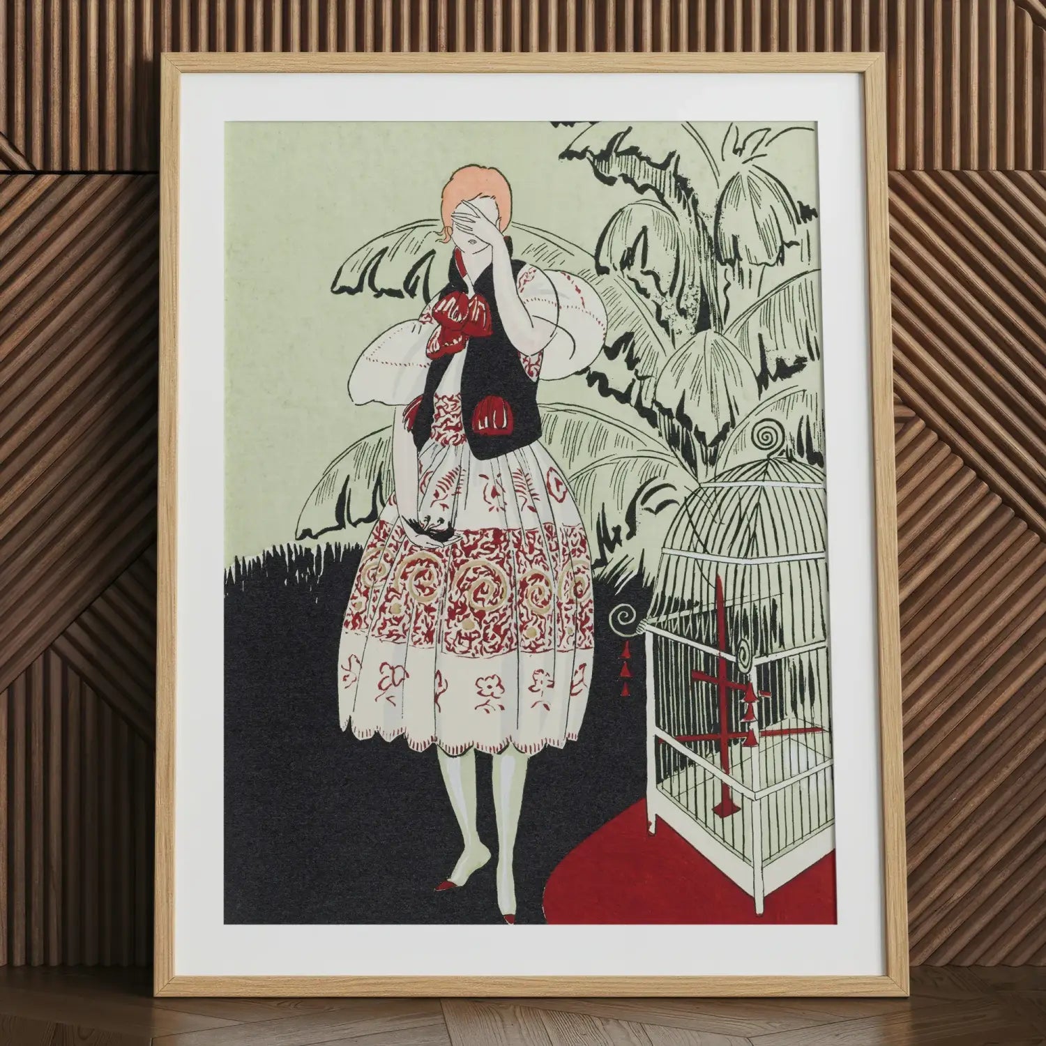 Stylized 1930s fashion art print of woman in rococo dress by birdcage