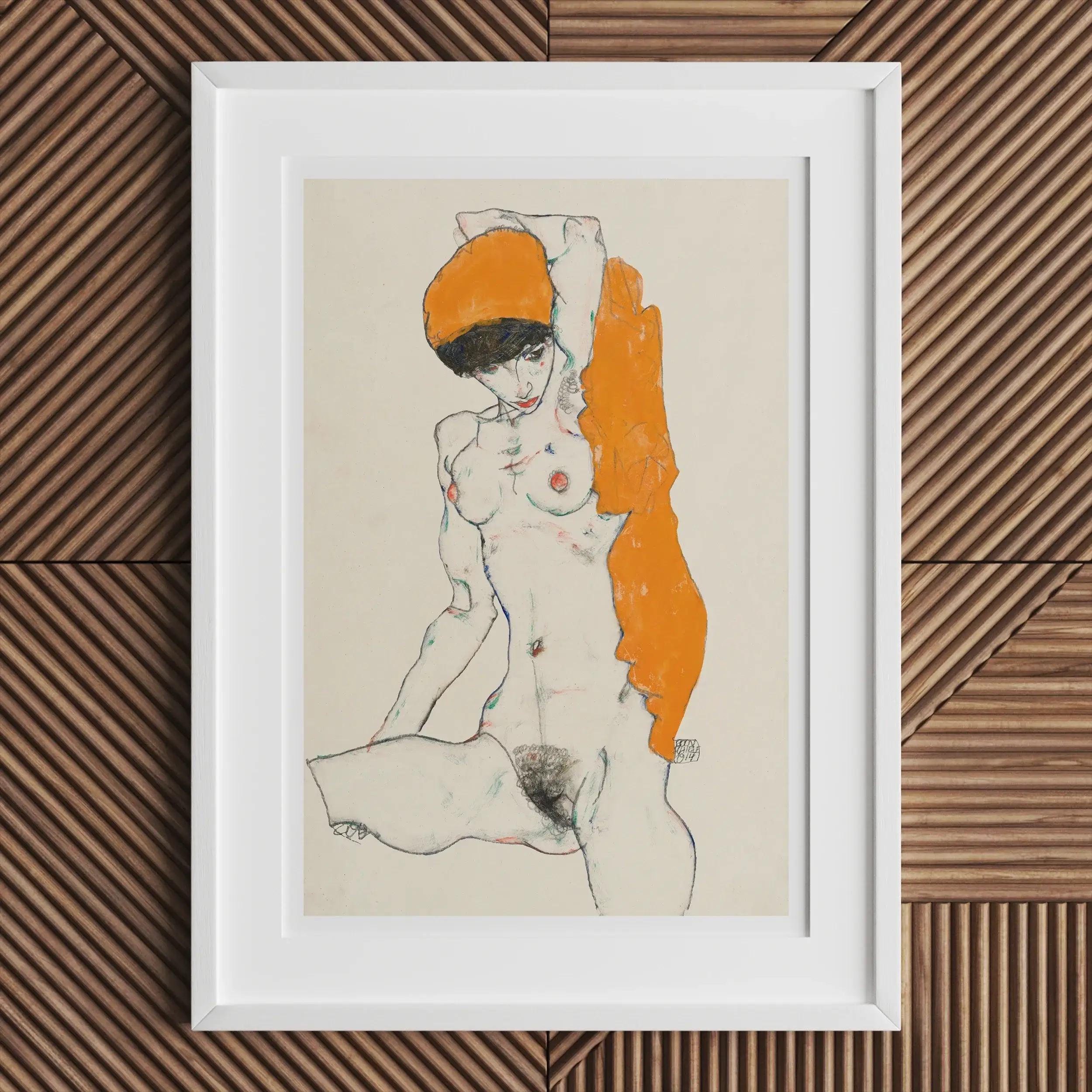 Standing Nude with Orange Drapery - Egon Schiele Art Print Posters Prints & Visual Artwork