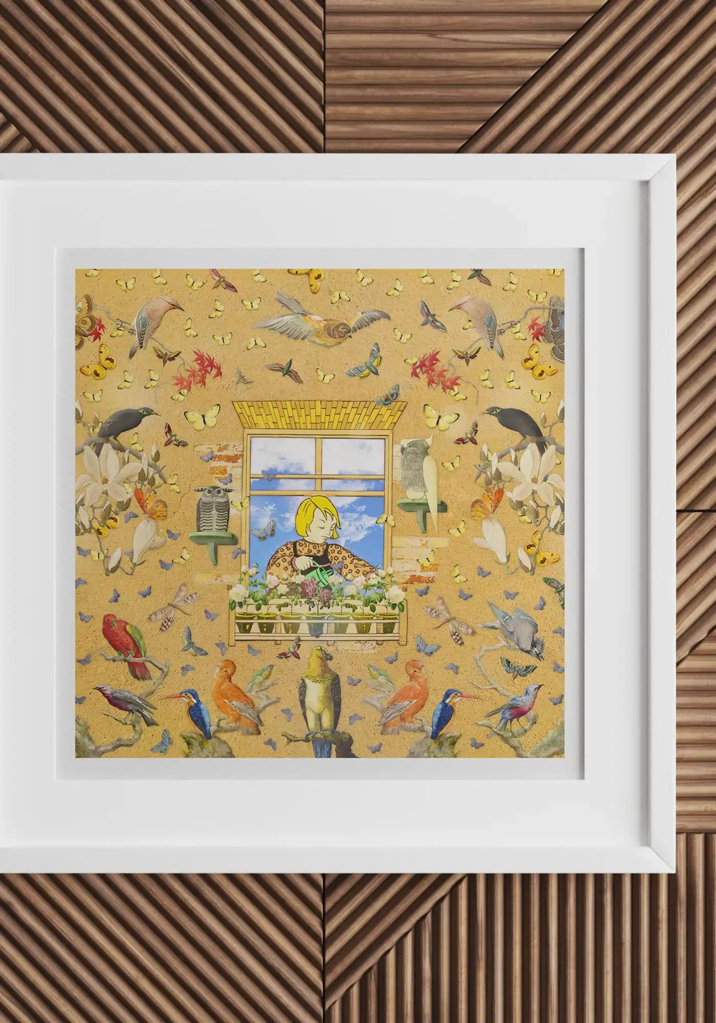 Framed artwork featuring colorful birds surrounding a window on a yellow background.