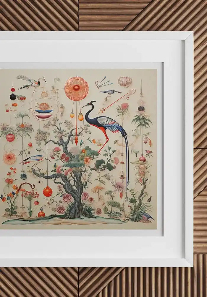 Framed artwork featuring a crane among flowering plants and geometric shapes in a delicate Asian-inspired style.