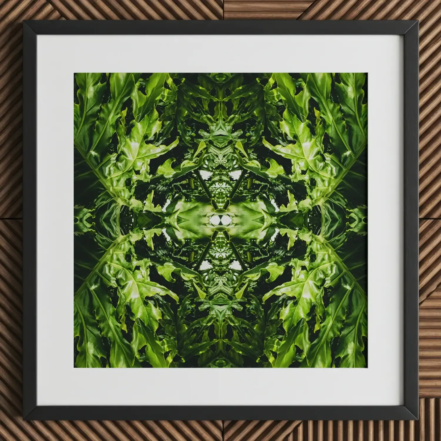 Framed botanical op art of symmetrical green leafy kaleidoscope