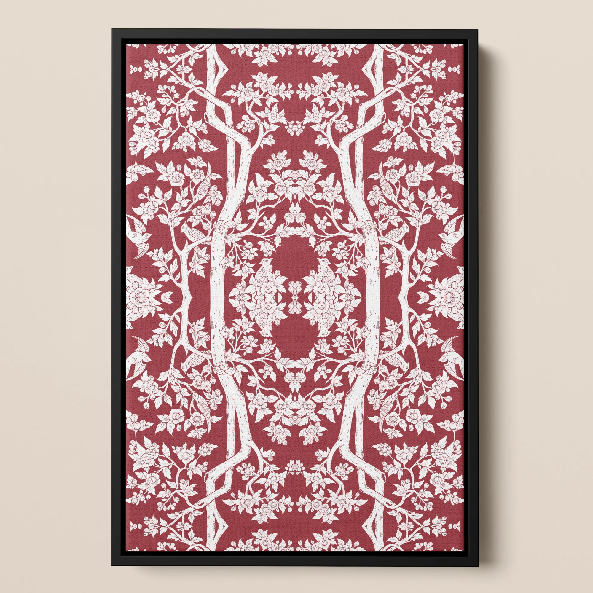 Aviary - Red Thai Aesthetic Pattern Art Framed Canvas Posters Prints & Visual Artwork