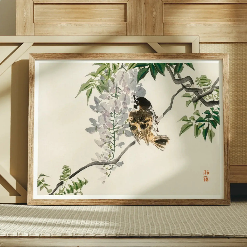 Framed bird and wisteria art print by Taguchi Tomoki from Kōno Bairei collection