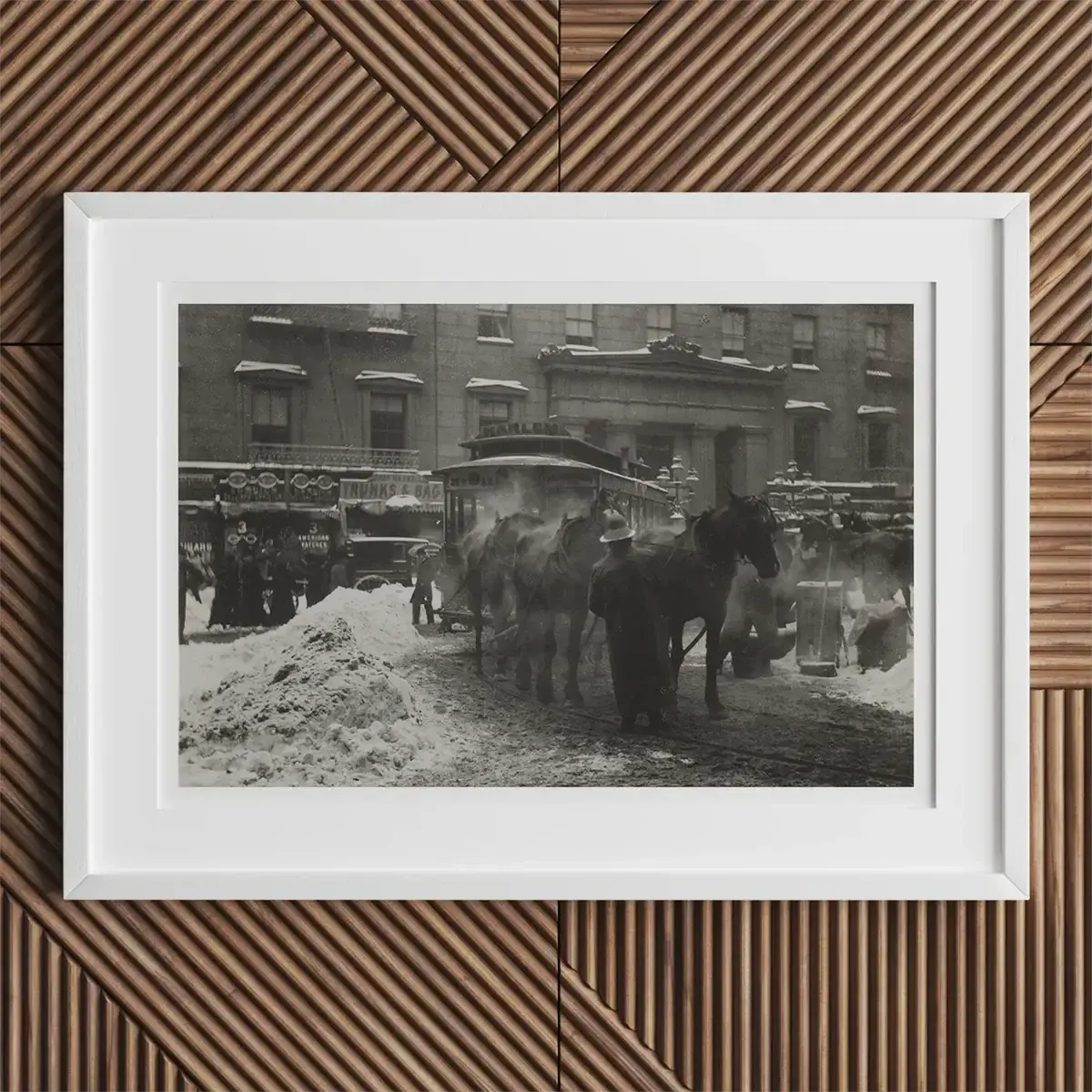 Framed black and white horse-drawn carriage photograph from Alfred Stieglitz collection at Lake George