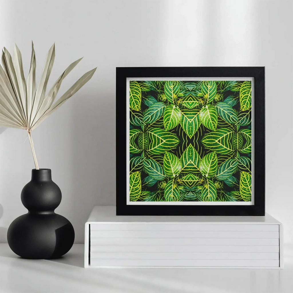 Framed botanical op art featuring a trippy tree trunk in framed abstract artwork style