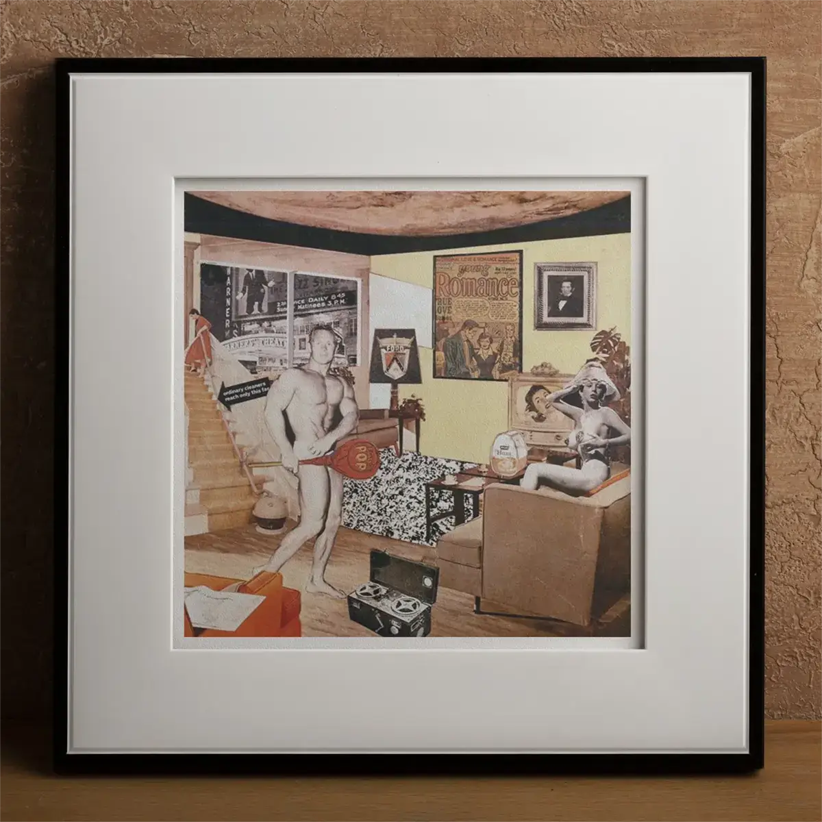 Framed collage artwork inspired by David Hockney, Andy Warhol, and the pop art movement