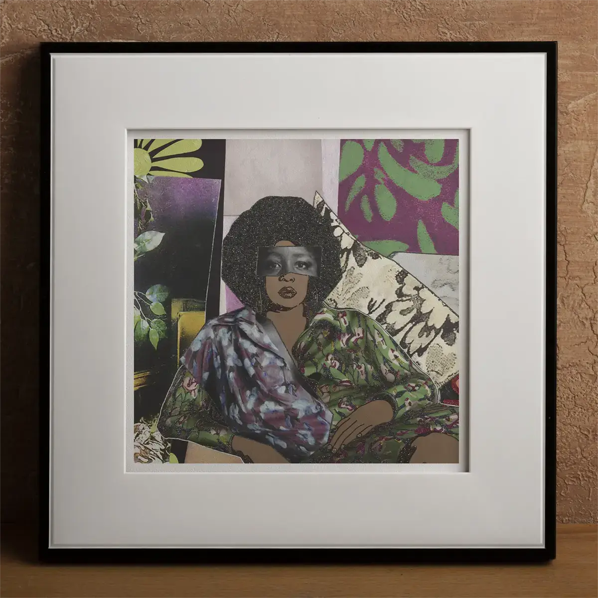 Framed collage portrait inspired by David Hockney and Andy Warhol in Pop Art movement