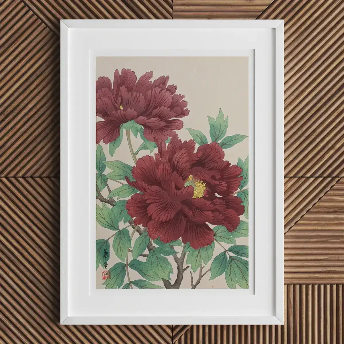 Framed floral art print inspired by Ohara Koson and the Shin-hanga movement.
