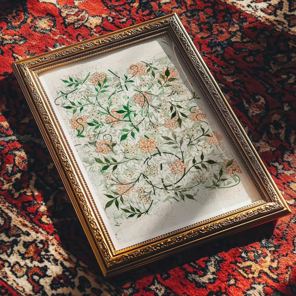 Jasmin - William Morris British Floral Textile Art Print, Framed Embroidery Artwork Delicate Floral Leaf Designs