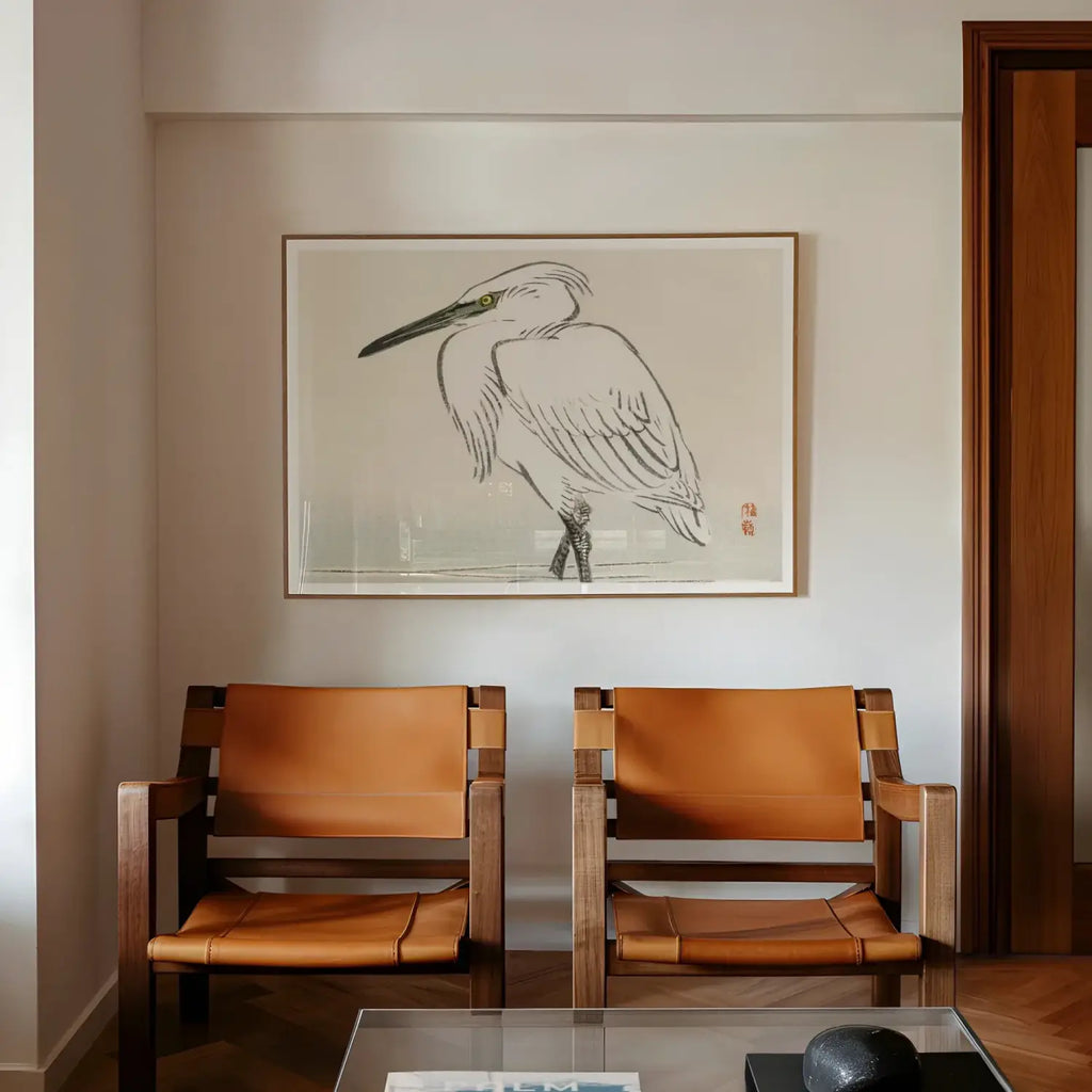 Impresión de arte de dibujo de garza enmarcado por Taguchi Tomoki de la colección Kōno Bairei