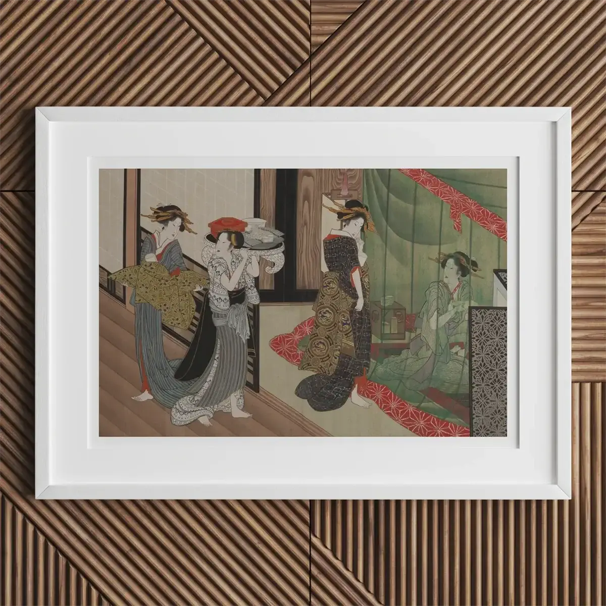 Impression d'art japonais encadrée d'estampes sur bois Ukiyo-e de la période Edo représentant le théâtre Kabuki.