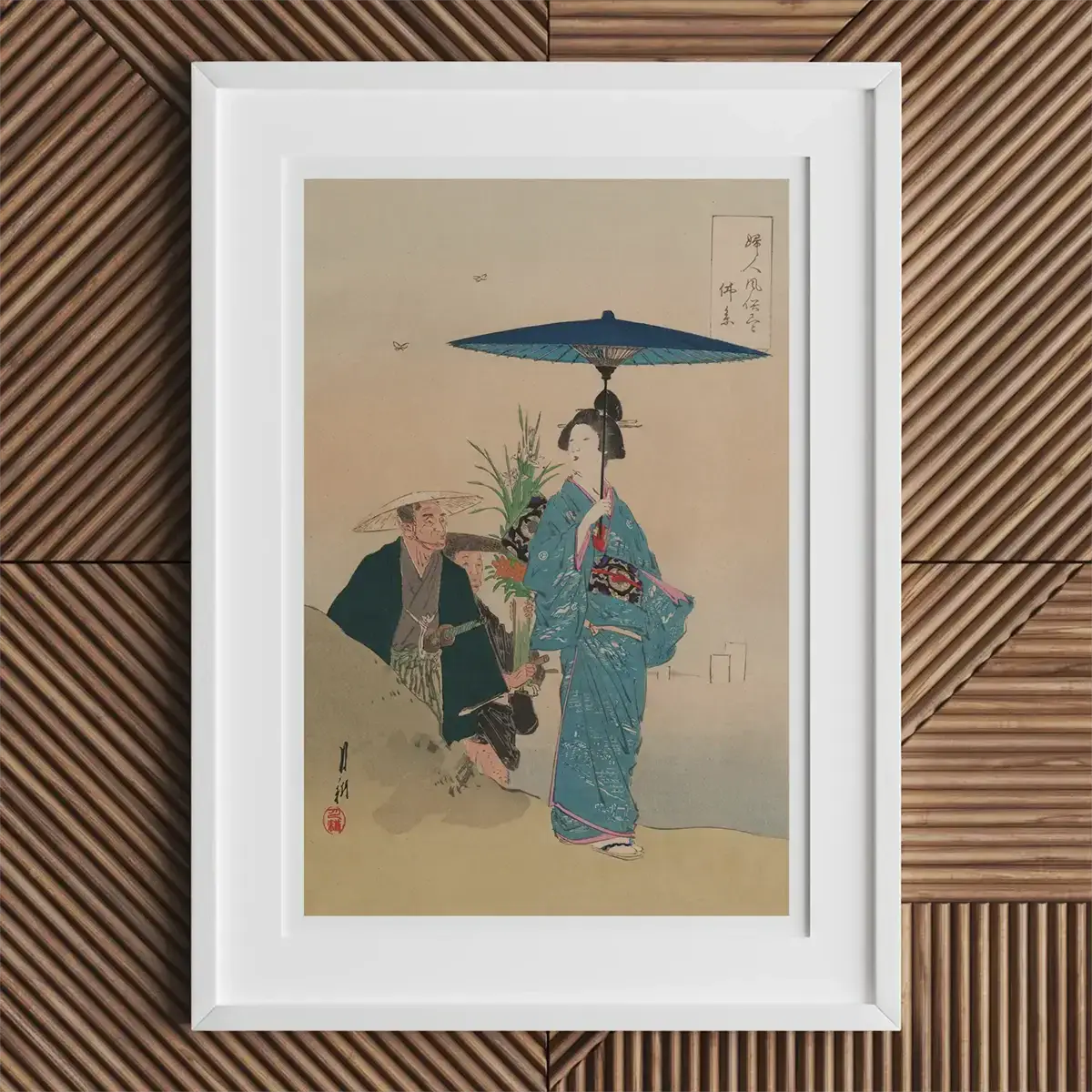 Gerahmter japanischer Kunstdruck, der Ogata Gekkos Holzschnitte aus der Meiji-Ära zeigt.