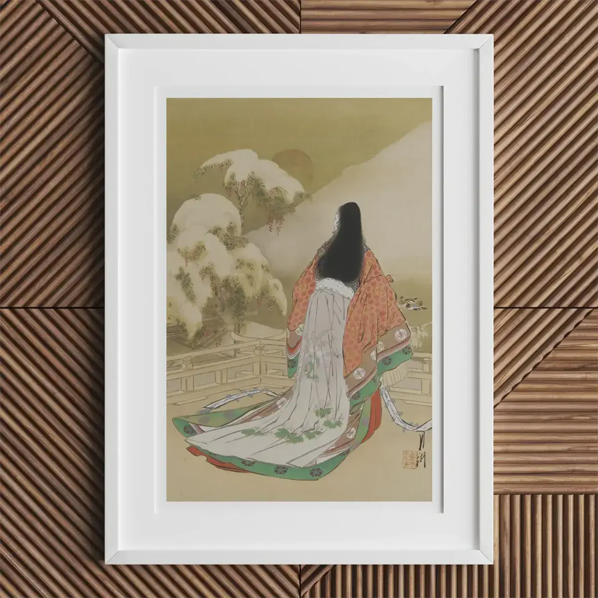 Gerahmter japanischer Kunstdruck von Ogata Gekko, der Holzschnitte der Meiji-Ära zeigt